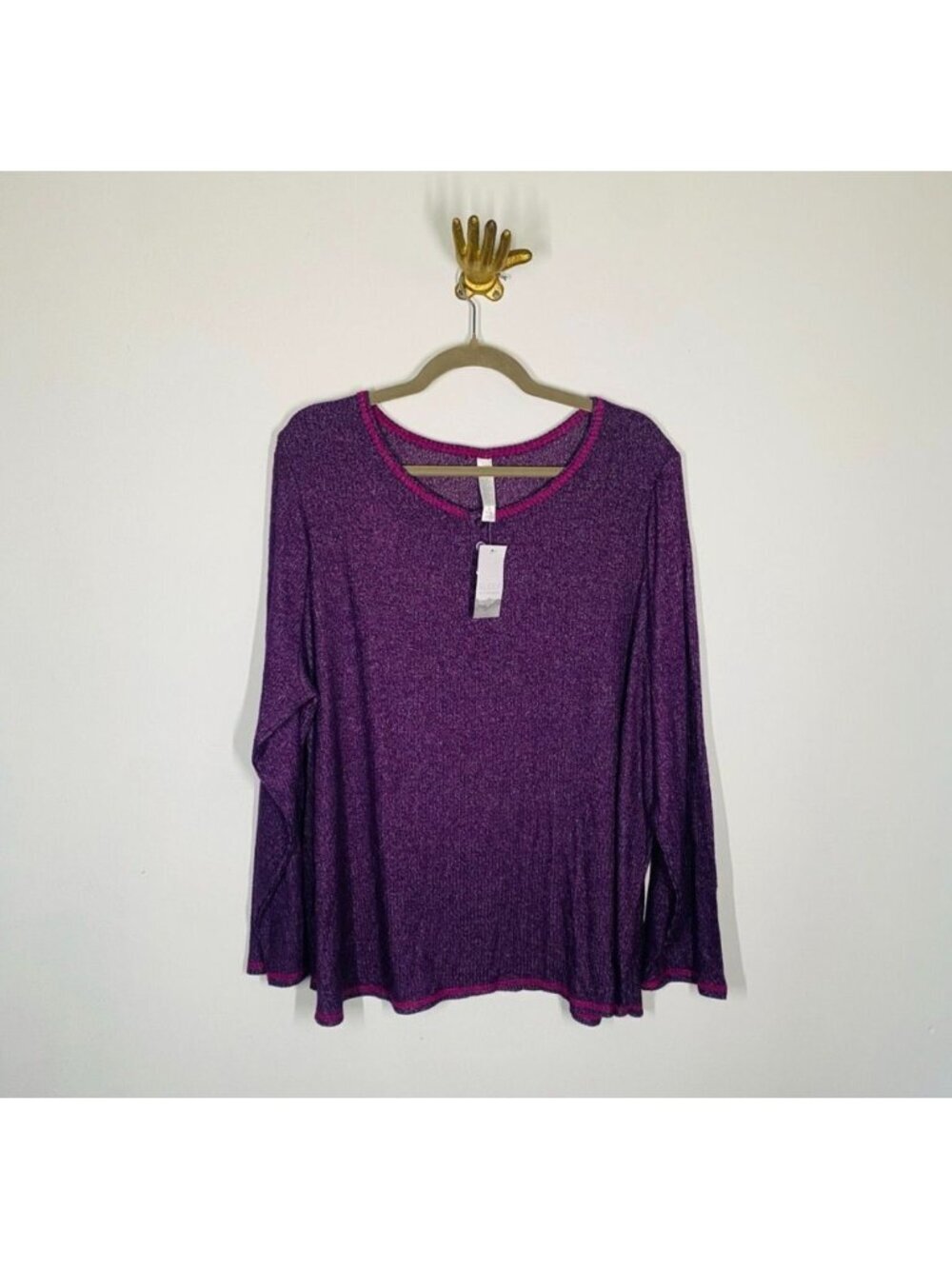 Sleep By Cacique Purple Long Sleeve Ribbed Knit Top With Pink Trim 18/20 NWT